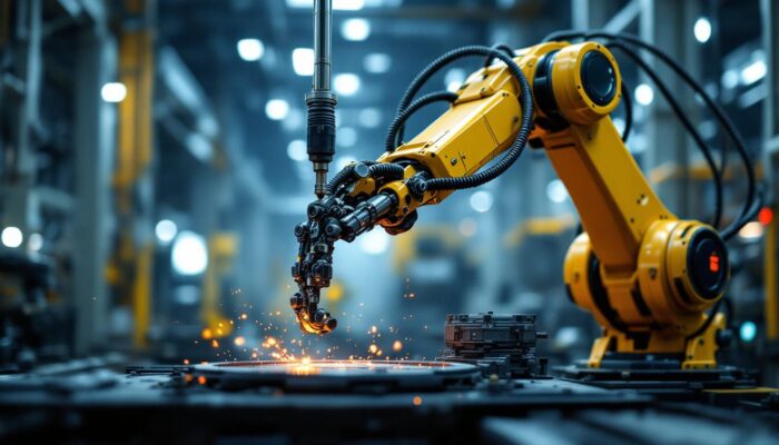 A photograph of a powerful industrial robotic arm in action