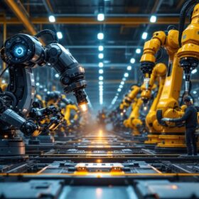A photograph of a dynamic industrial robotics environment