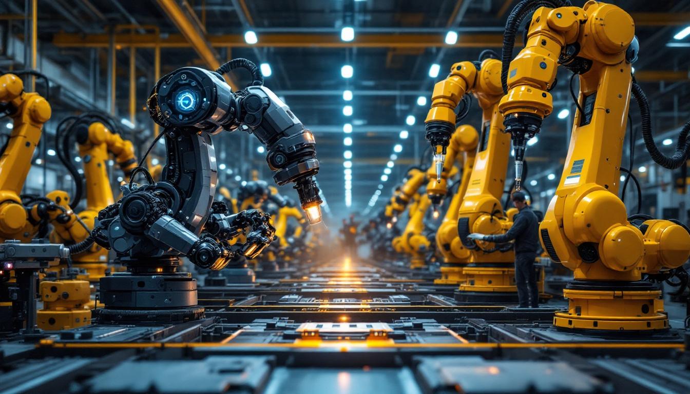 A photograph of a dynamic industrial robotics environment