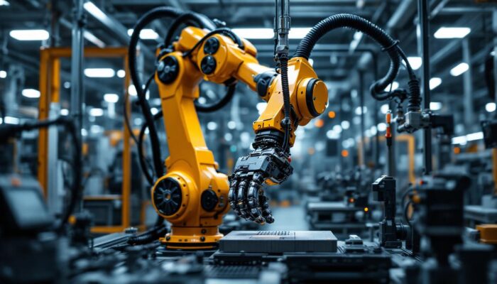 A photograph of a dynamic industrial robotic arm in action