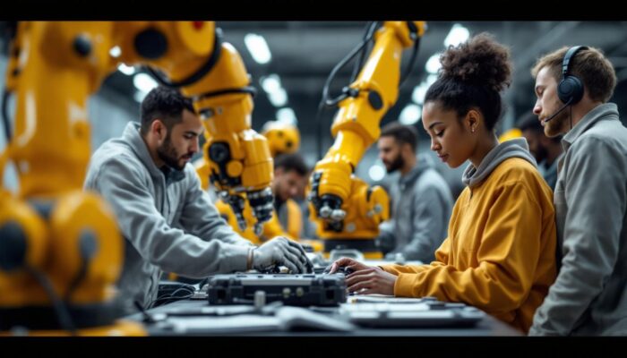A photograph of capture a photograph of a diverse group of students engaged in hands-on training with industrial robots in a modern classroom or workshop setting