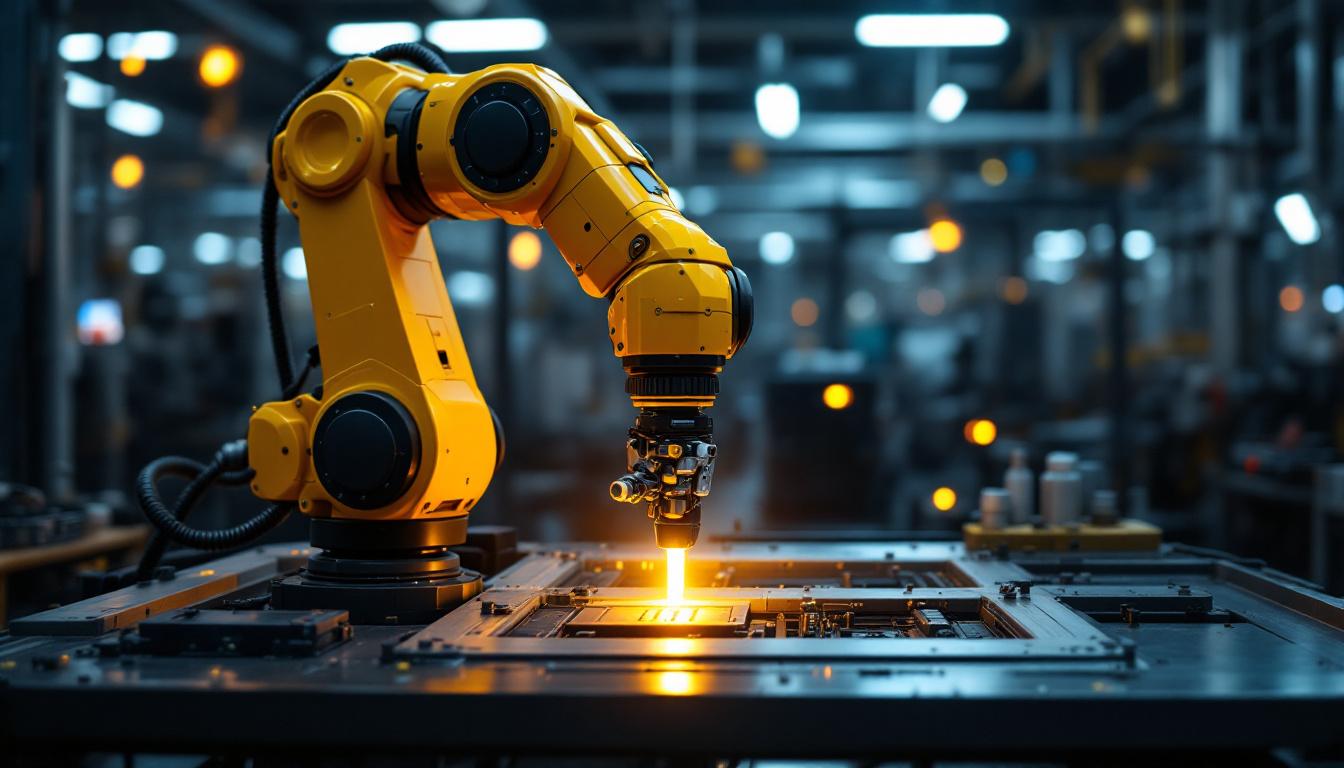 A photograph of a sleek industrial robotic arm in action