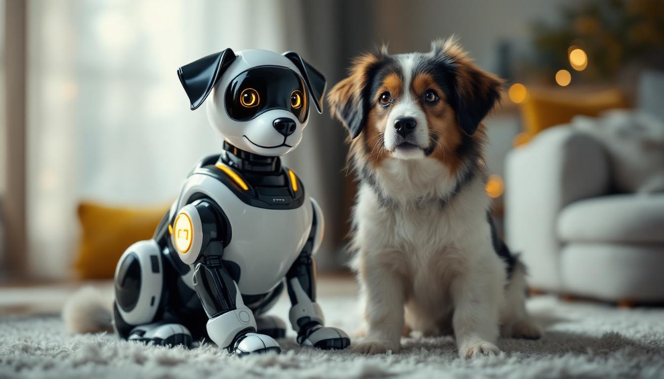 A photograph of a friendly robotic dog sitting beside a traditional dog in a cozy home environment