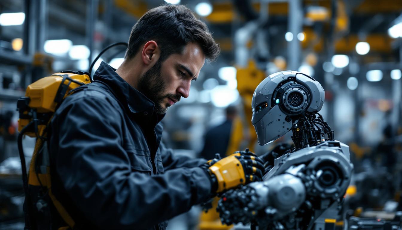 A photograph of a skilled engineer working alongside an industrial robot in a modern manufacturing environment