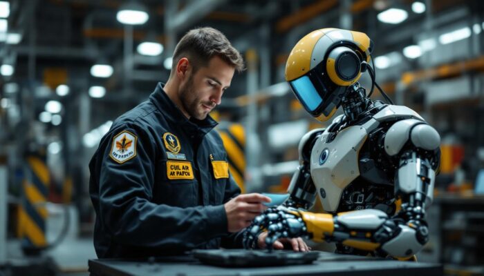 A photograph of a civil air patrol member interacting with an industrial robot in a training or operational setting