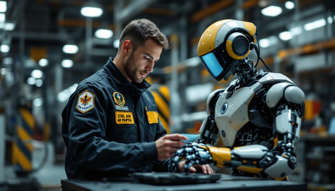 A photograph of a civil air patrol member interacting with an industrial robot in a training or operational setting