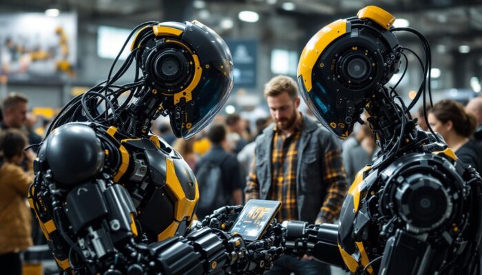A photograph of a dynamic scene at the billerica fair showcasing industrial robots in action