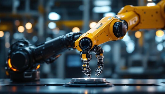 A photograph of a sleek industrial robotic arm in action