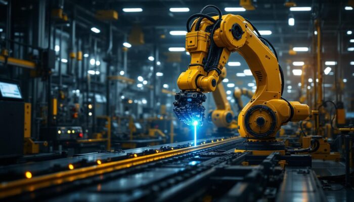 A photograph of a dynamic industrial setting showcasing advanced robotic systems in action