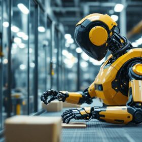 A photograph of a sleek industrial robot in action within a modern zurich coop facility