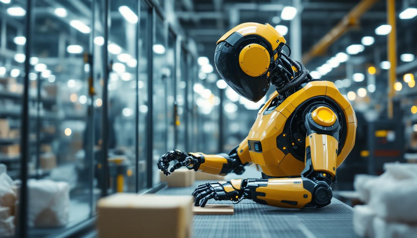 A photograph of a sleek industrial robot in action within a modern zurich coop facility