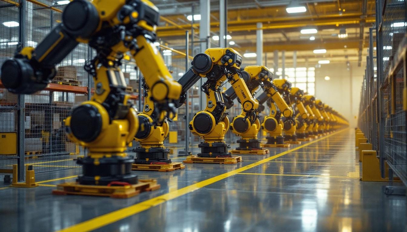A photograph of a dollar general distribution center featuring a fleet of industrial robots in action