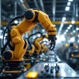 A photograph of a sleek industrial robotic arm in action within a modern manufacturing environment