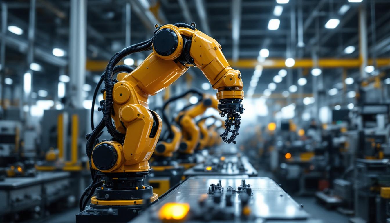 A photograph of a sleek industrial robotic arm in action within a modern manufacturing environment