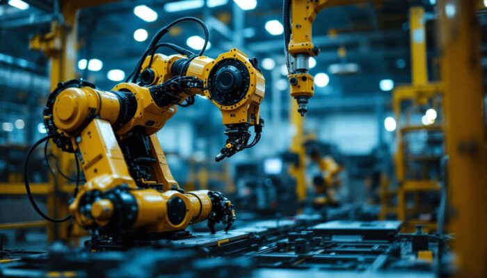 A photograph of capture a photograph of an industrial robot in action
