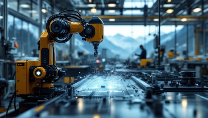 A photograph of a sleek industrial robot in action within a swiss manufacturing facility