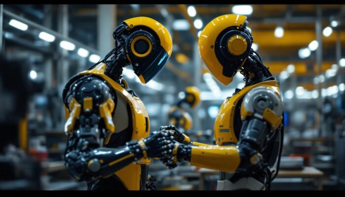 A photograph of a modern industrial robot in action