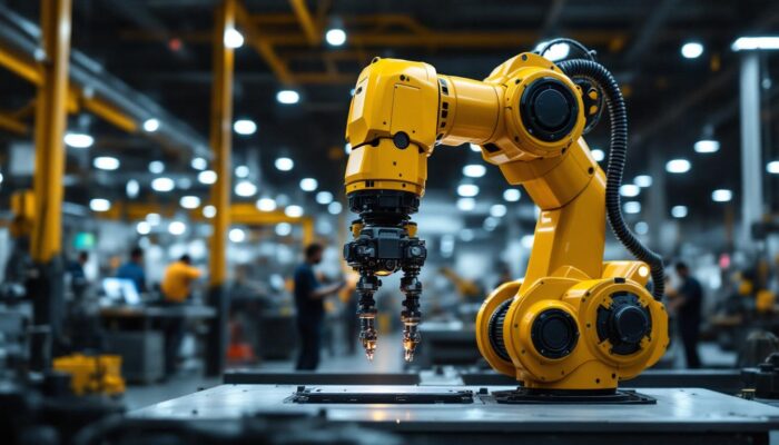 A photograph of a sleek industrial robotic arm in action within a waltham manufacturing facility