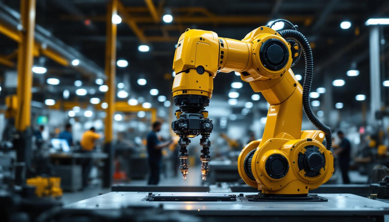 A photograph of a sleek industrial robotic arm in action within a waltham manufacturing facility
