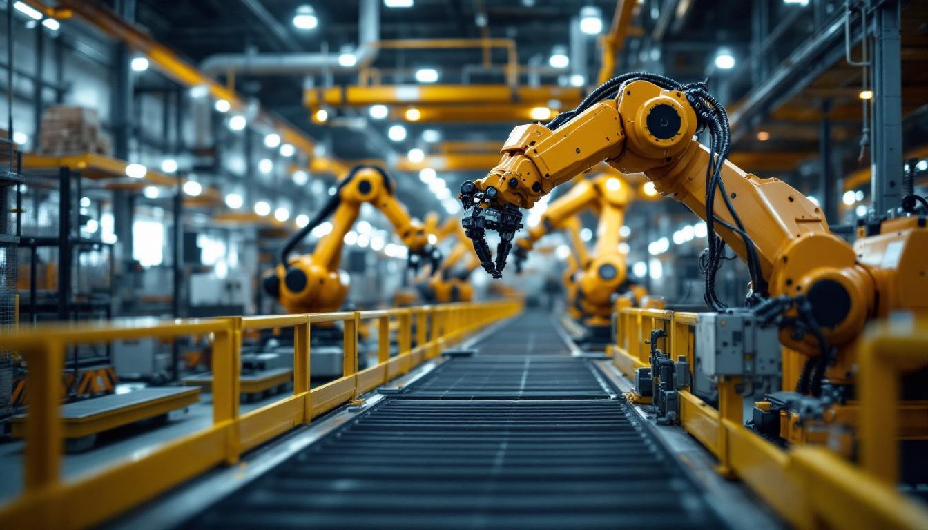 A photograph of a well-organized warehouse featuring industrial robotic systems in action