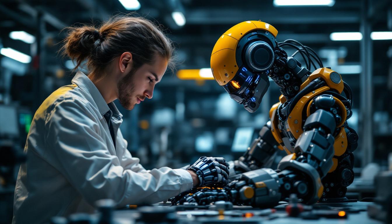 A photograph of a biomedical engineering intern working hands-on with an industrial robot in a modern lab setting