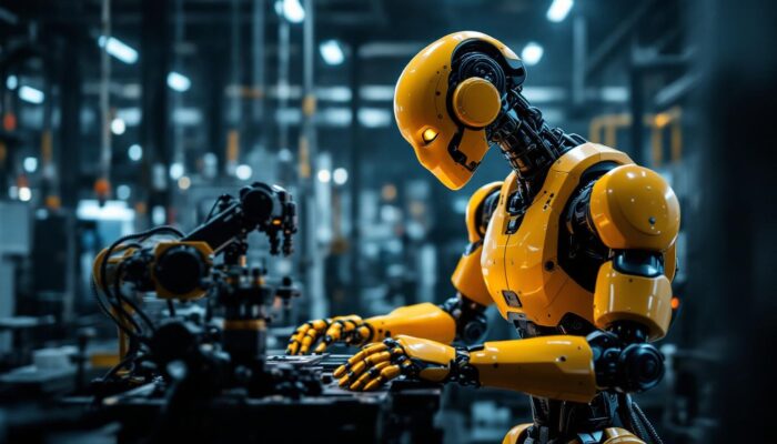 A photograph of a dynamic industrial robot in action within a modern manufacturing setting