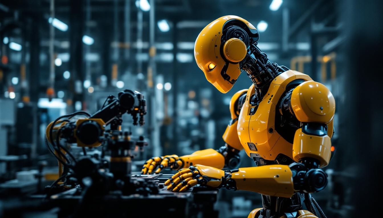 A photograph of a dynamic industrial robot in action within a modern manufacturing setting