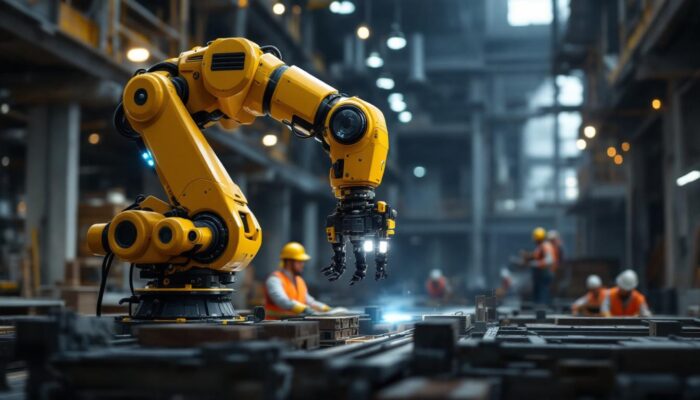 A photograph of a state-of-the-art industrial robot in action at a construction site