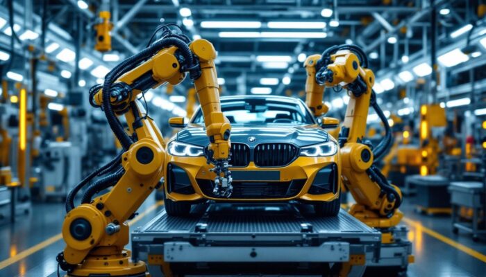 A photograph of capture a photograph of a sleek bmw manufacturing facility