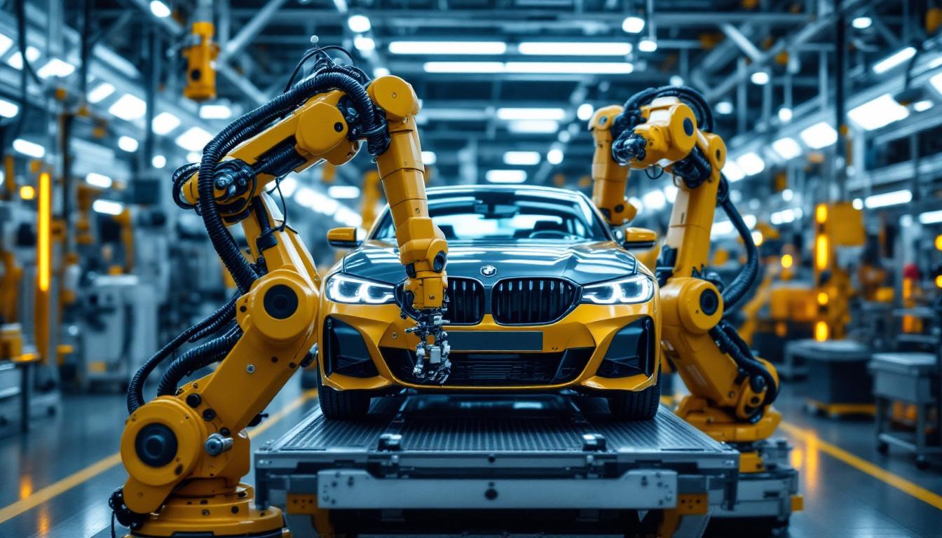 A photograph of capture a photograph of a sleek bmw manufacturing facility