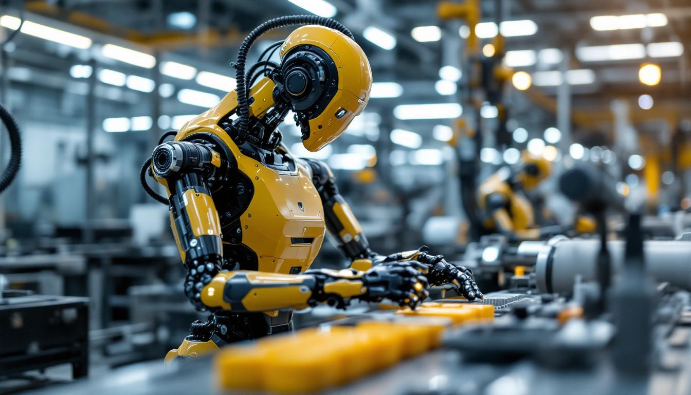 A photograph of a sleek industrial robot in action within a modern manufacturing environment