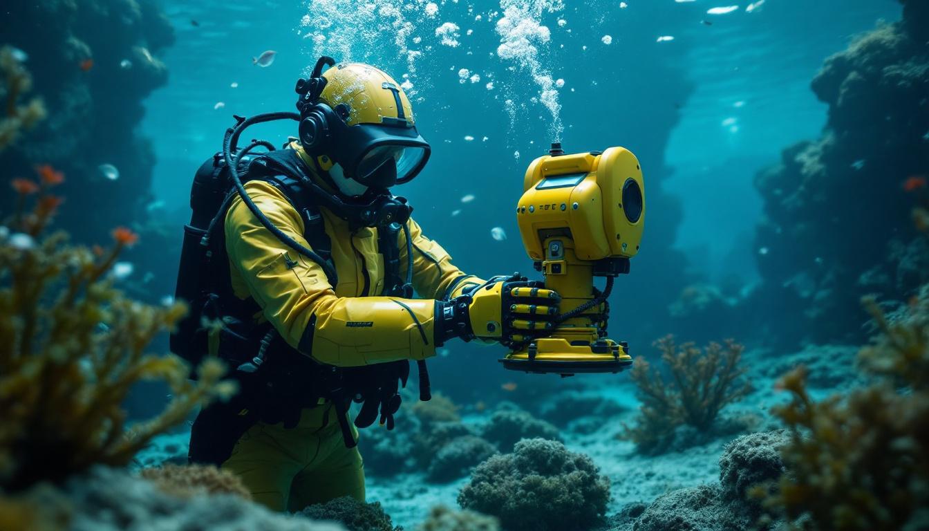 A photograph of a skilled technician operating an underwater robotic arm in a marine environment