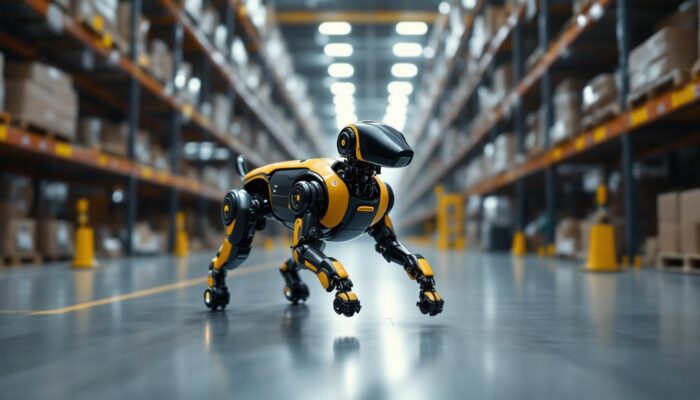 A photograph of a sleek industrial robotic dog in action