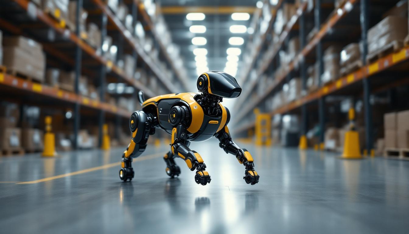 A photograph of a sleek industrial robotic dog in action