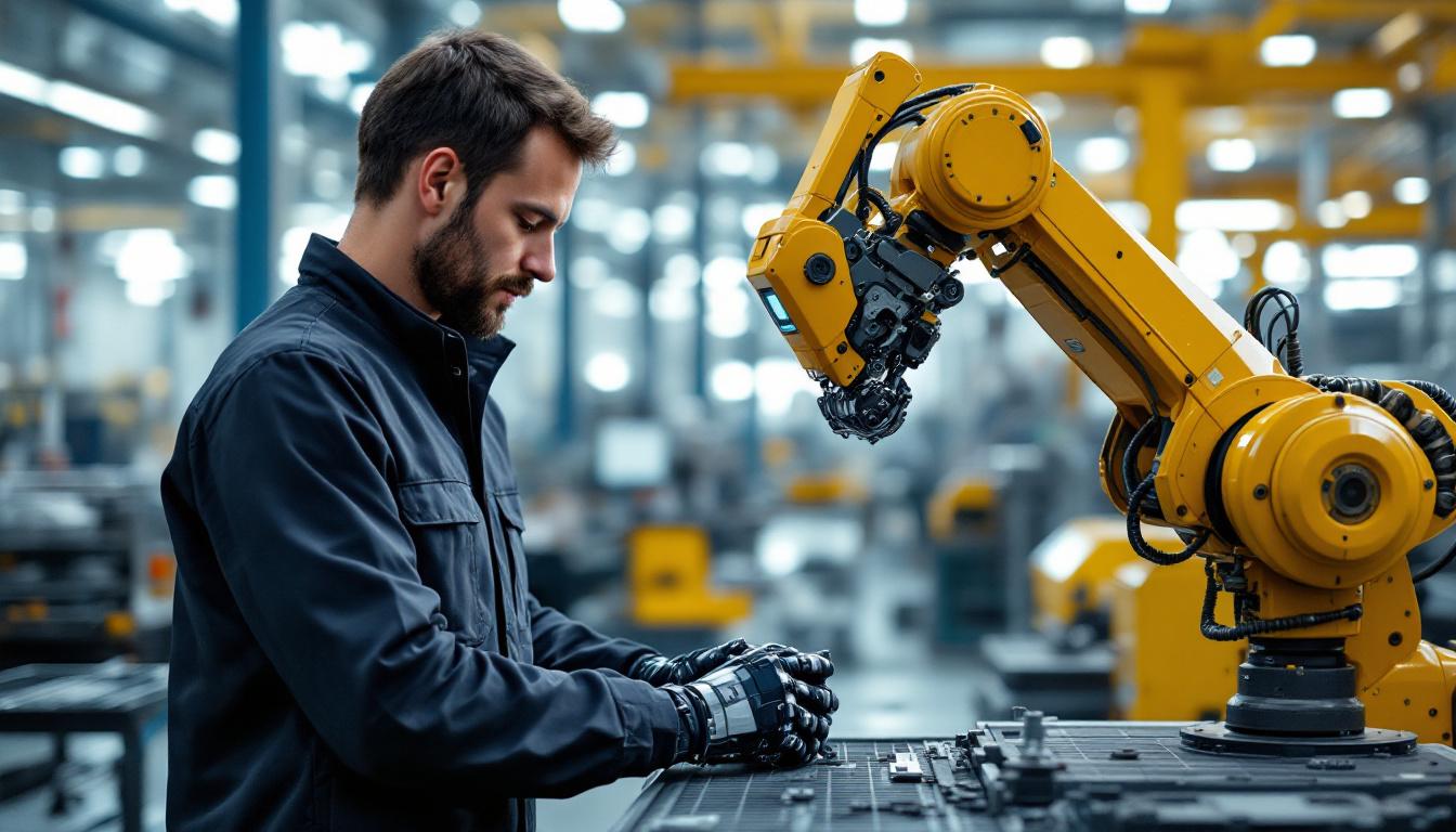 A photograph of a skilled manufacturing engineer working alongside an industrial robot on the factory floor