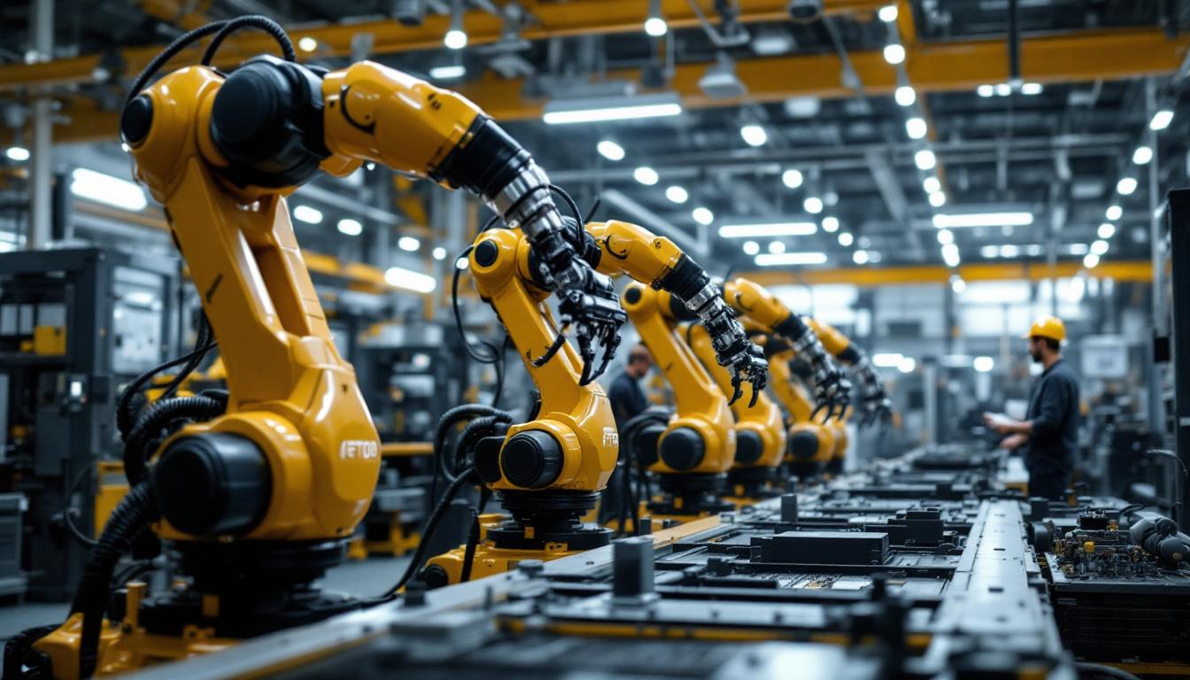 A photograph of capture a photograph of a modern industrial robotics facility in boston
