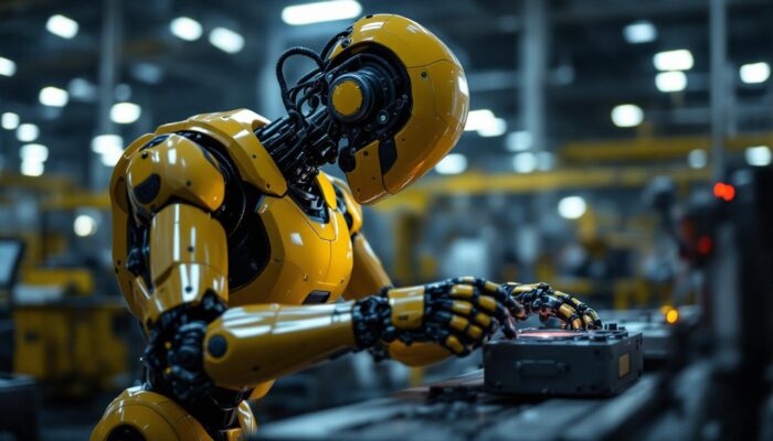 A photograph of a modern industrial robot in action within a manufacturing setting