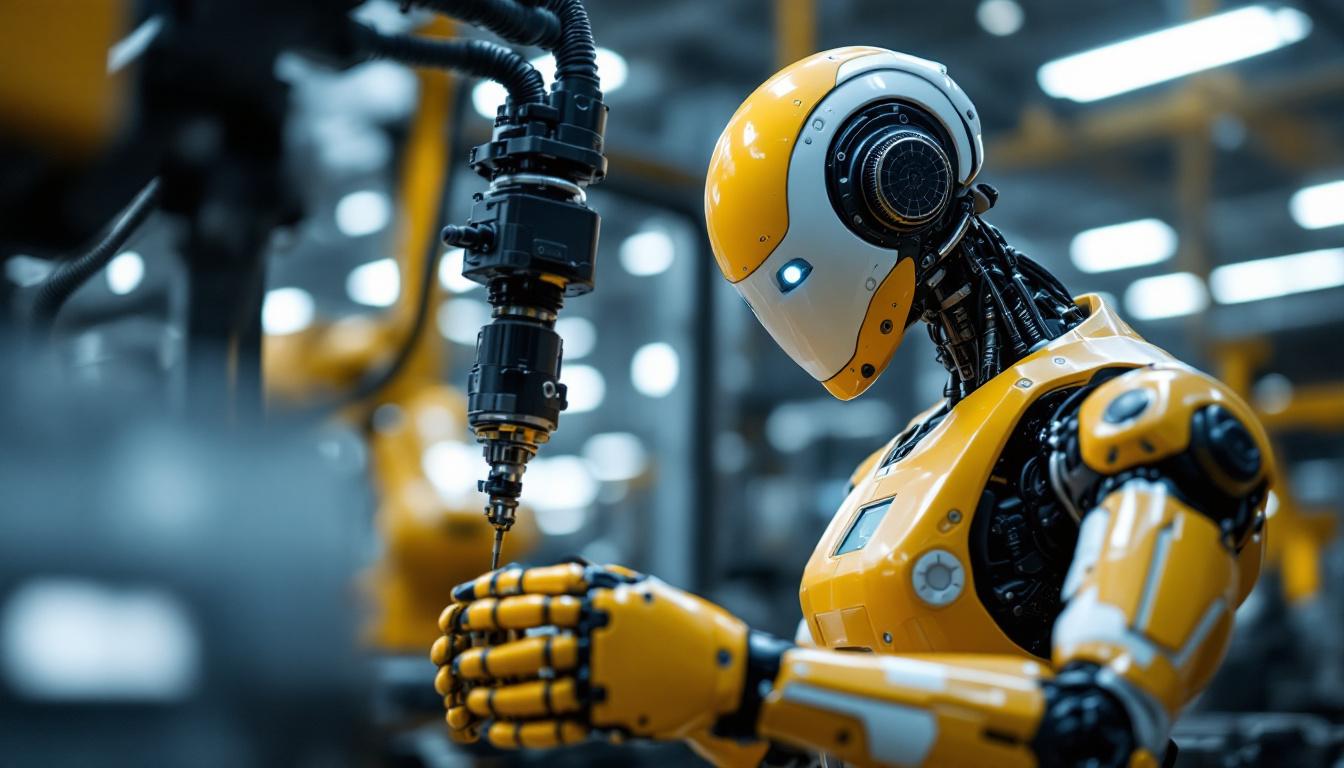 A photograph of a sleek industrial robot in action within a manufacturing environment