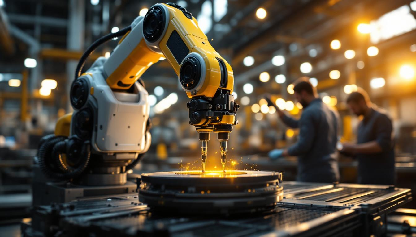 A photograph of a modern industrial robot in action within a manufacturing facility