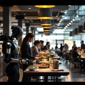 A photograph of a bustling university dining hall with students engaging with robotic meal delivery systems