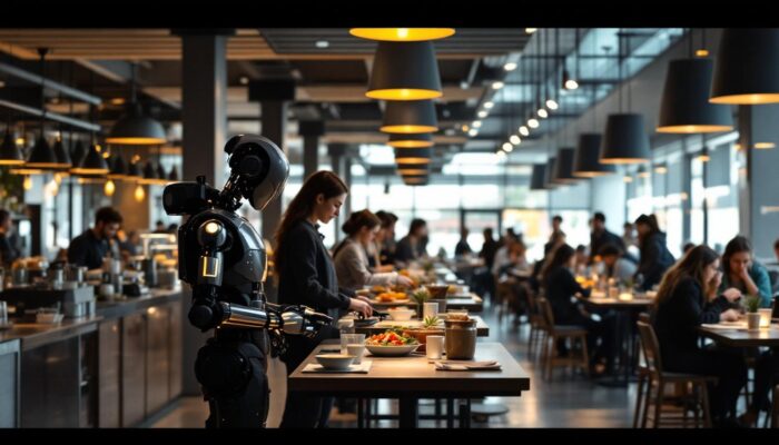A photograph of a bustling university dining hall with students engaging with robotic meal delivery systems