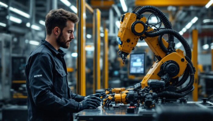 A photograph of a skilled technician programming an industrial robot in a modern manufacturing environment
