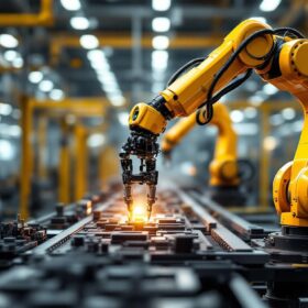 A photograph of a modern industrial robotic arm in action within a manufacturing environment