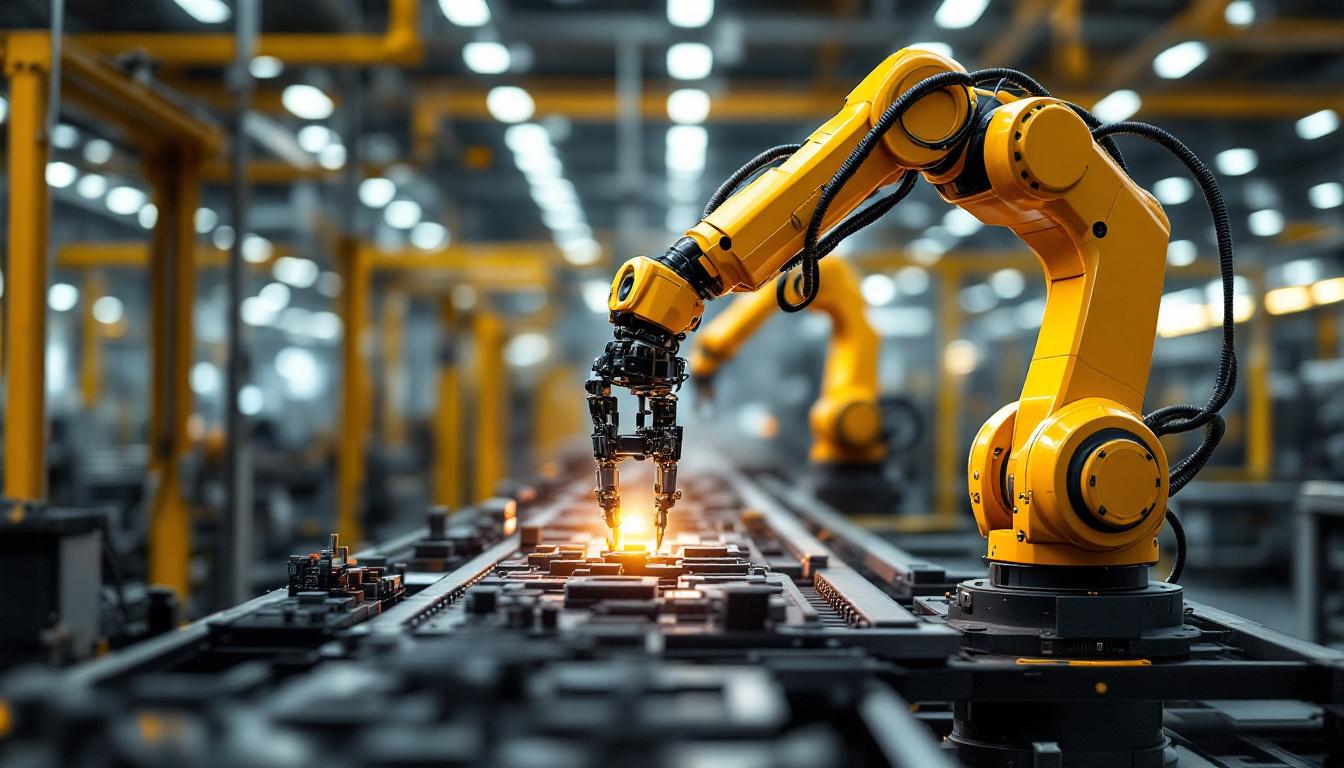 A photograph of a modern industrial robotic arm in action within a manufacturing environment