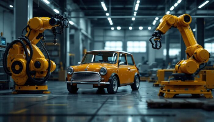 A photograph of a classic mini car parked alongside an industrial robotic arm in a workshop setting