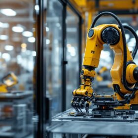 A photograph of a dynamic industrial robot in action within a manufacturing environment