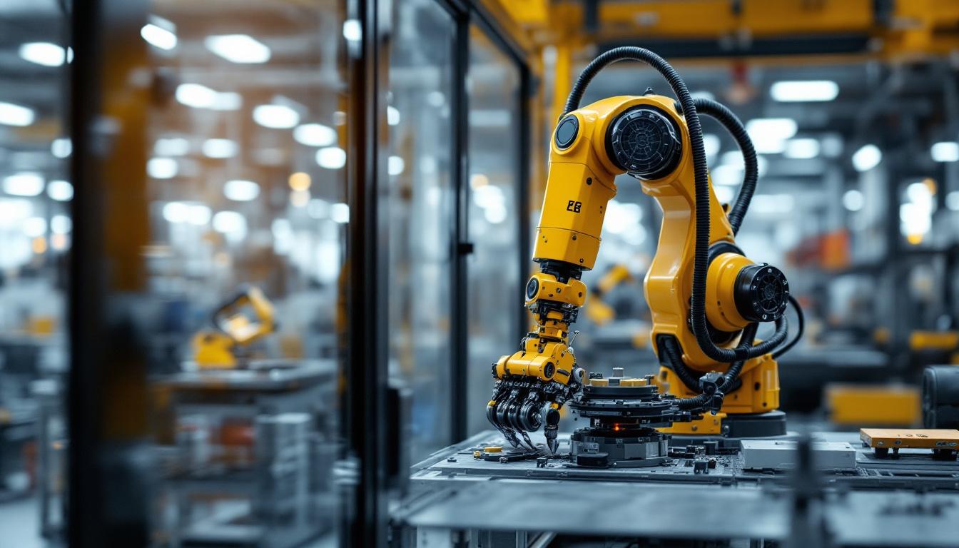 A photograph of a dynamic industrial robot in action within a manufacturing environment