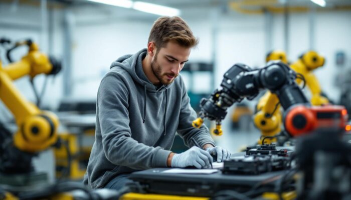 A photograph of capture a photograph of a boston college student engaged in hands-on work with industrial robotics