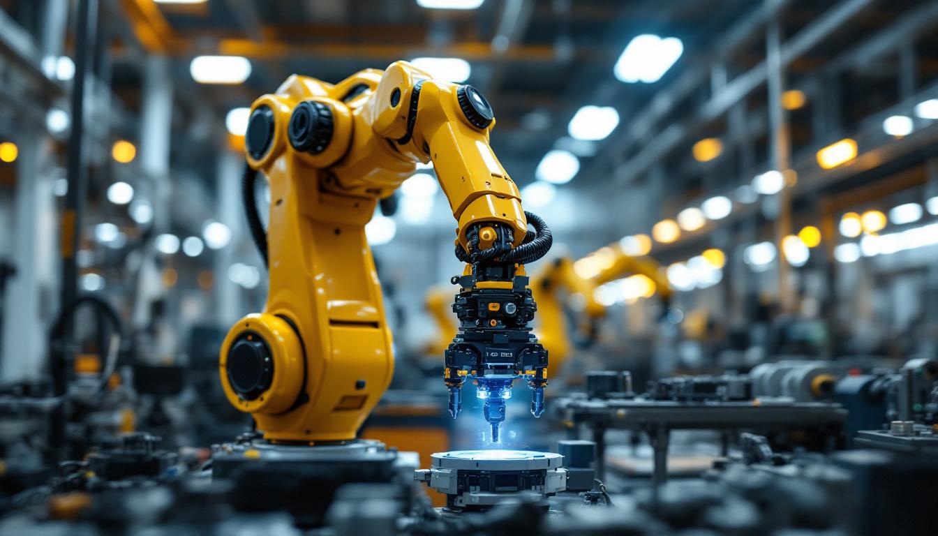 A photograph of a dynamic industrial robotic arm in action