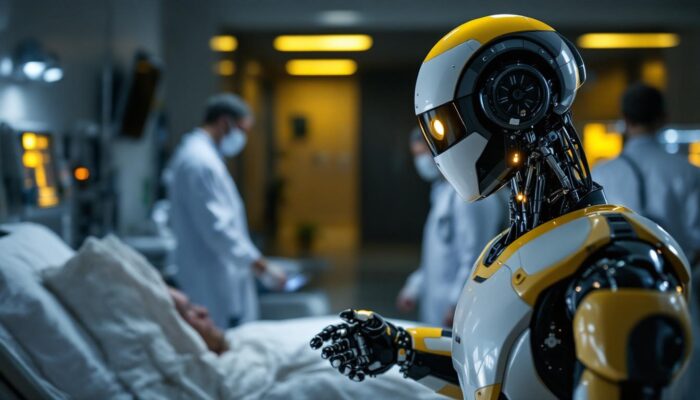 A photograph of a healthcare robot in action within a medical setting